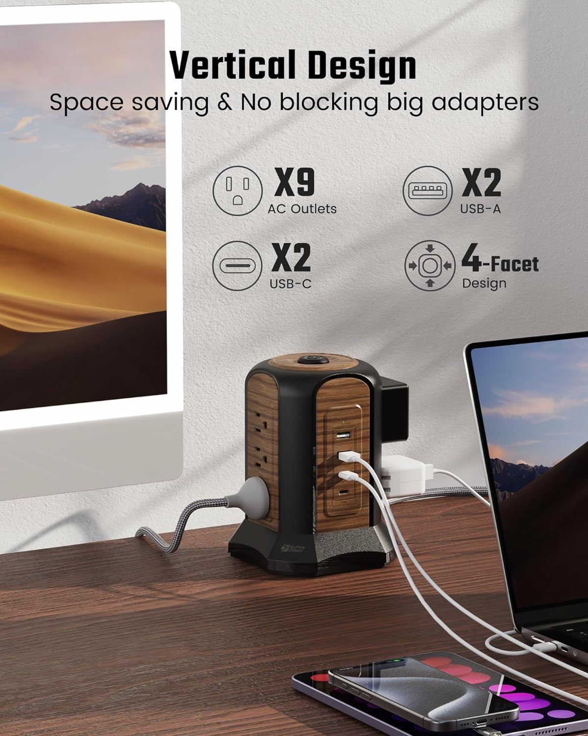 Power Strip Tower, Desktop Charging Station,10 Ft Extension Cord | 1080J Surge Protector, 9 Outlets 4 USB Ports (2 USB C), Flat Plug Power Tower with Multiple Outlets, Home, Office, Dorm,Brown