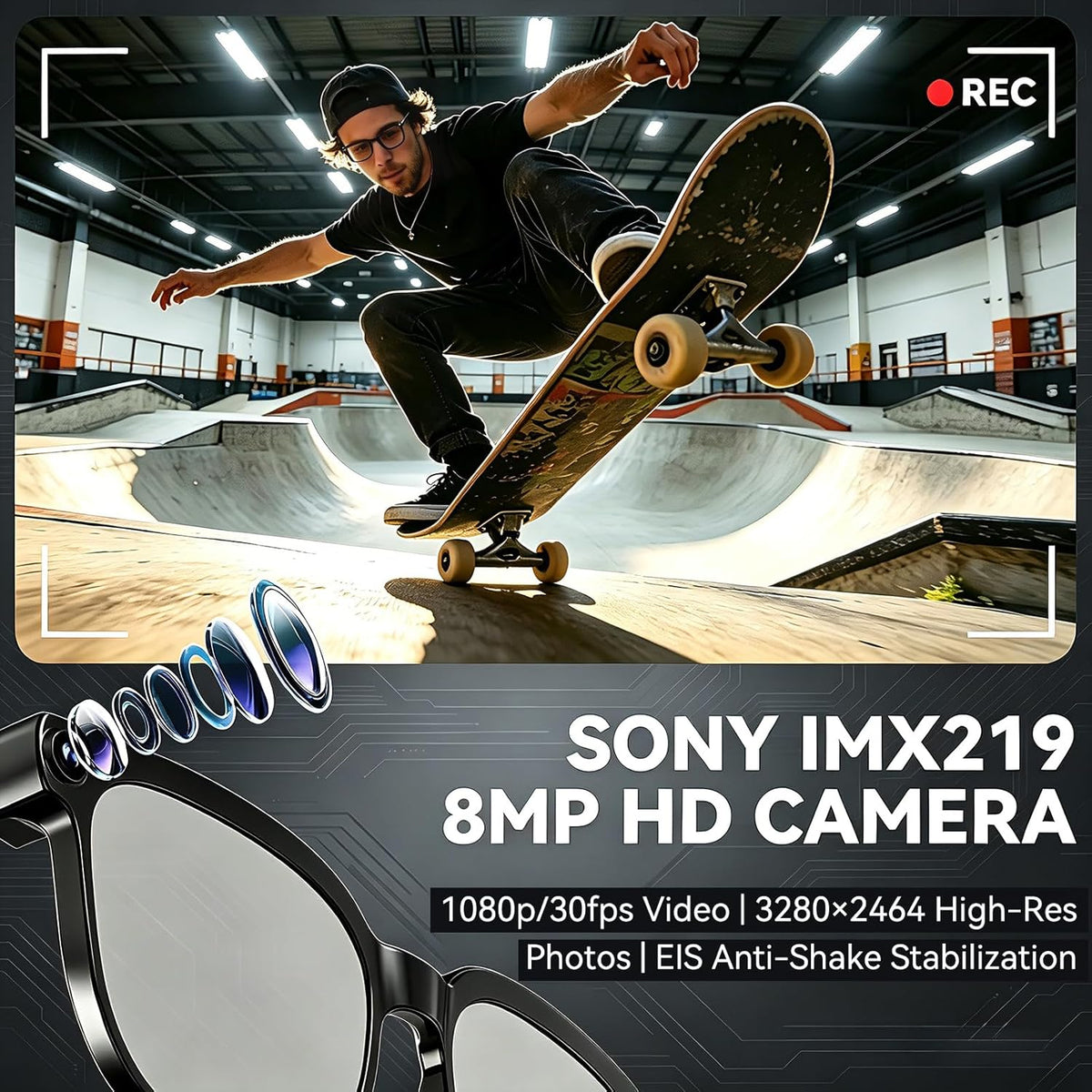 AI Smart Glasses with Camera,8Mp Camera Glasses,1080P Anti-Shake Video Recording Glasses, Real Time Translation,Ai Voice Assistant,Object Recognition,Bluetooth Sunglasses for Men Women (Photochromic)