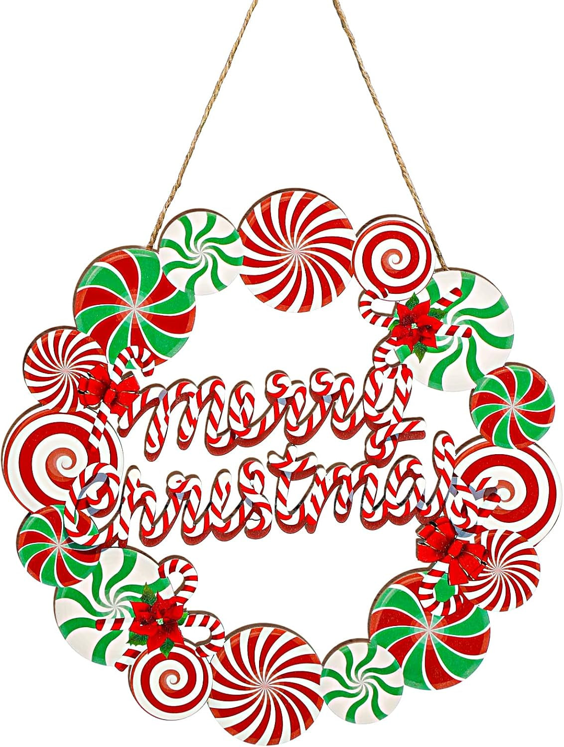 Christmas Wreath Sign for Front Door, Wooden Candy Hanger Decoration