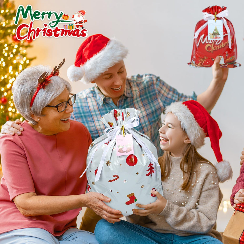 38PCS Christmas Gift Bags, Holiday Gift Bags Set with Tags, Christmas Drawstring Bags with Festive Patterns，Jumbo/Extra Large/Large/Medium/Small Size