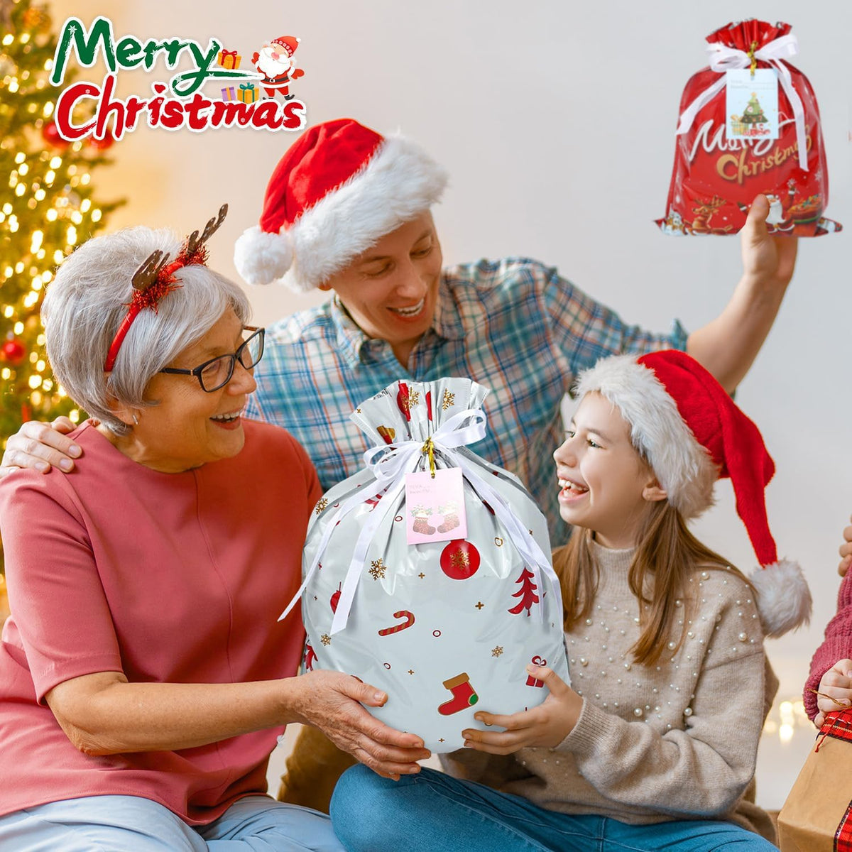 38PCS Christmas Gift Bags, Holiday Gift Bags Set with Tags, Christmas Drawstring Bags with Festive Patterns，Jumbo/Extra Large/Large/Medium/Small Size