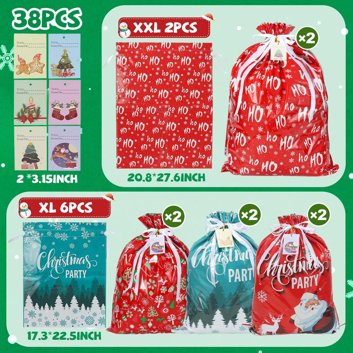 38PCS Christmas Gift Bags, Holiday Gift Bags Set with Tags, Christmas Drawstring Bags with Festive Patterns，Jumbo/Extra Large/Large/Medium/Small Size