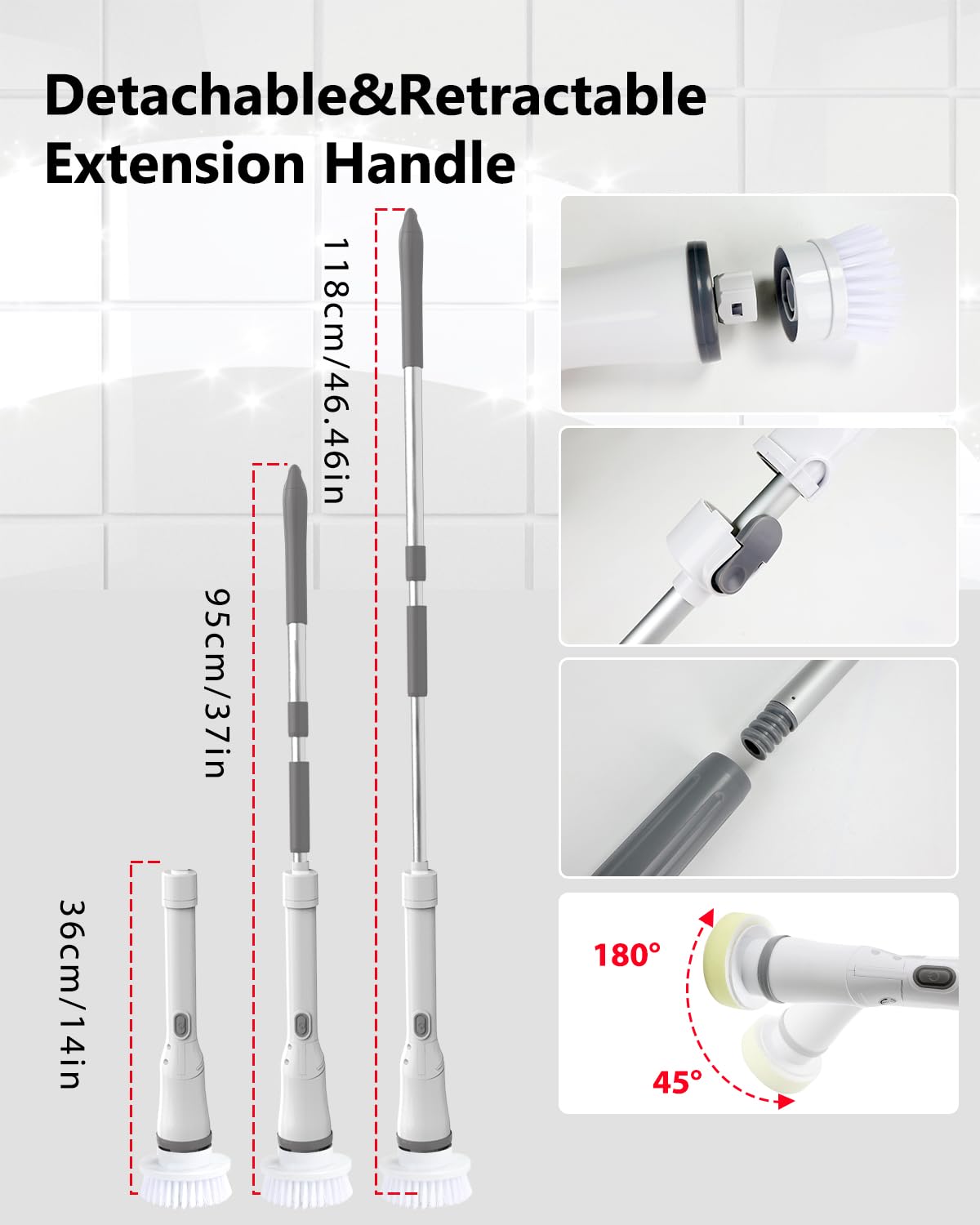 Electric Spin Scrubber,Long Cordless Cleaning Brush,Rotatable Shower Scrubber with 8 Replaceable Heads,Adjustable Detachable Handle Bathroom Scrubber for Bathtub,Tile,Floor and Car Cleaning