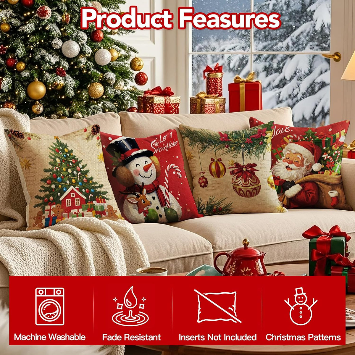 Christmas Pillow Covers 18X18 Inch Set of 4, Christmas Decorations Cushion Covers, Xmas Pillow Covers, Pillowcases Throw Pillow Covers for Sofa Couch Home Decor
