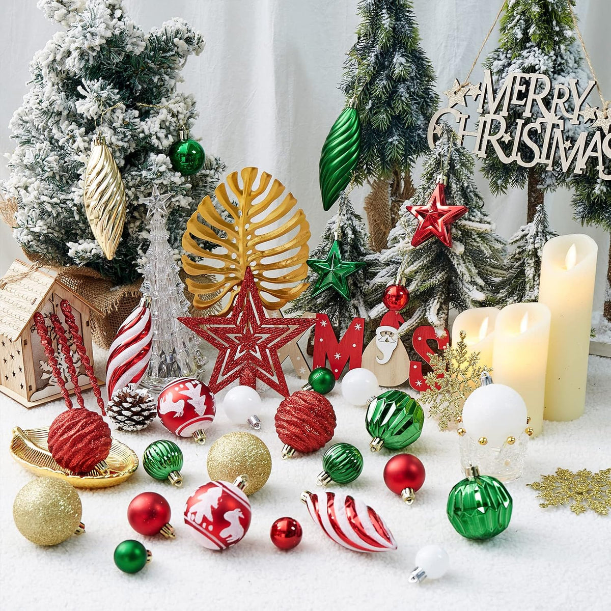 100Ct Christmas Ball Ornaments Set - Assorted Shatterproof Hanging Tree Ornament Set with Reusable Hand-Held Gift Package for Xmas Tree Holiday Party and Home Decor (Green and Red)