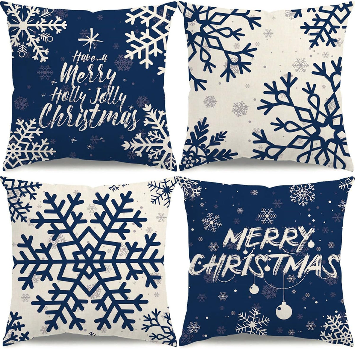 Blue Snowflake Christmas Pillow Covers, Set of 4, 16x16