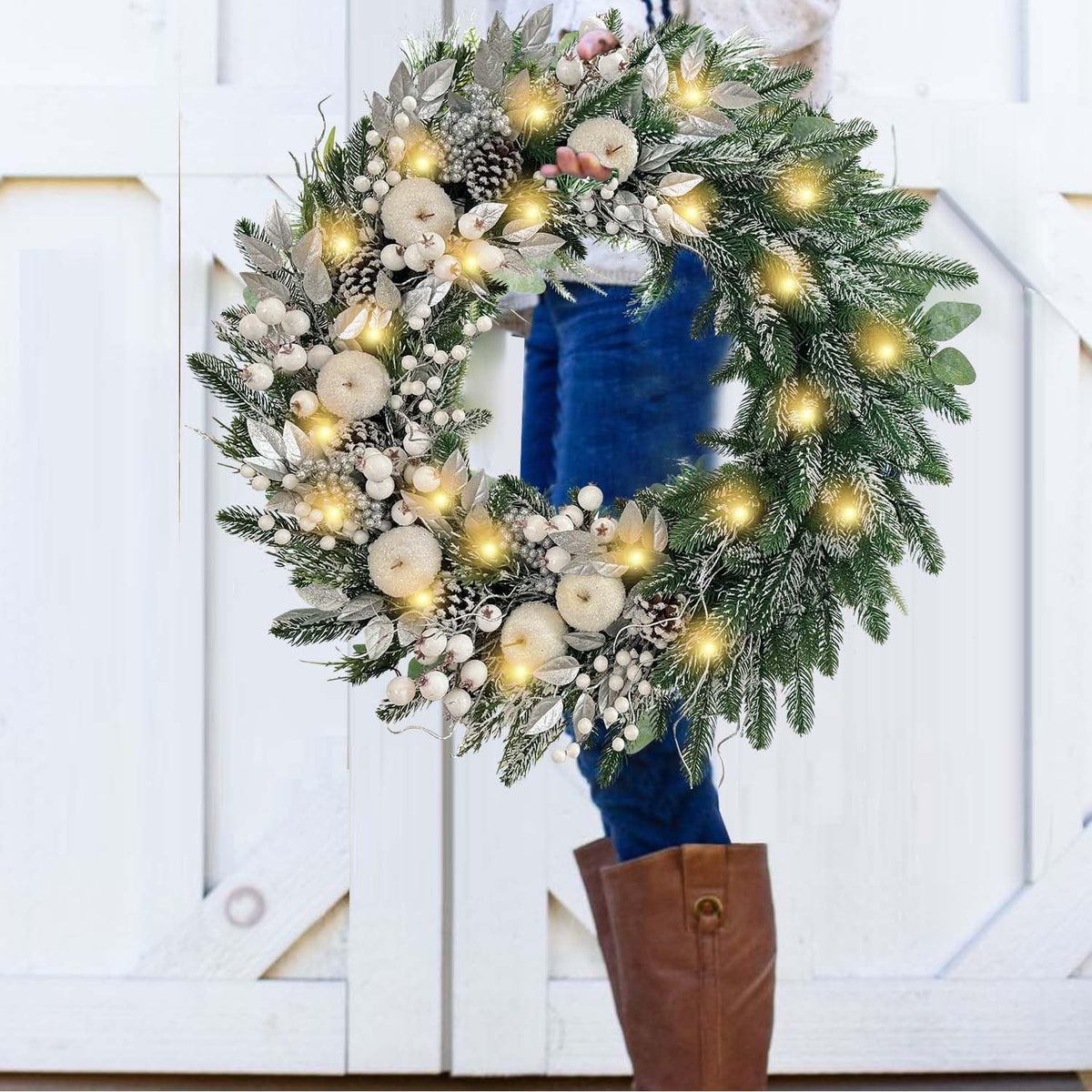 30 Inch Pre-Lit Silver White Christmas Wreaths for Front Door