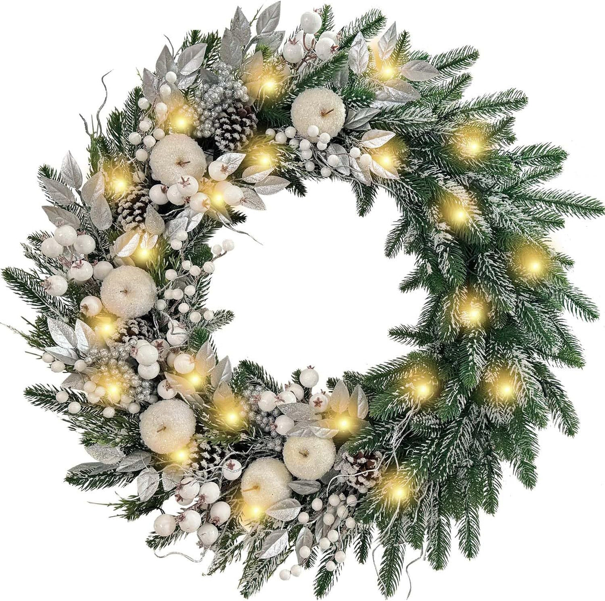 30 Inch Pre-Lit Silver White Christmas Wreaths for Front Door