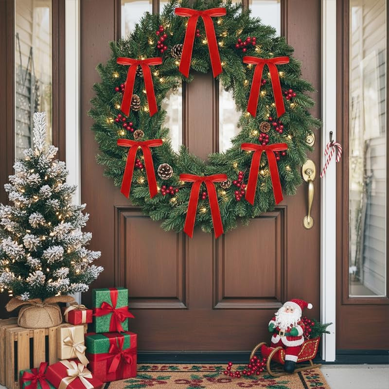 24 Pcs Velvet Bows for Christmas Tree,Velvet Christmas Tree Bows Door Garland Decor Vintage Wreath Bow,Red Bows for Christmas, Suitable for Xmas Home Decor Wedding Outdoor Indoor (Red)