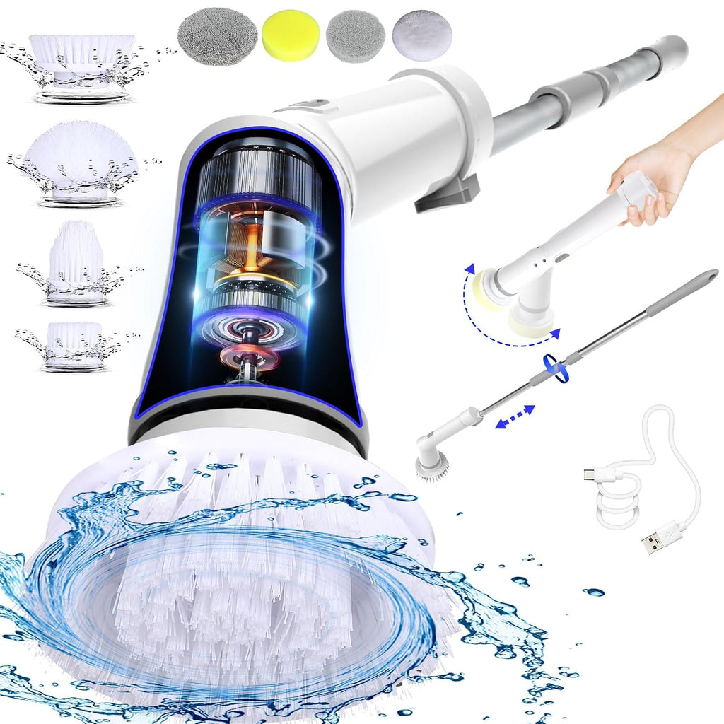 Electric Spin Scrubber,Long Cordless Cleaning Brush,Rotatable Shower Scrubber with 8 Replaceable Heads,Adjustable Detachable Handle Bathroom Scrubber for Bathtub,Tile,Floor and Car Cleaning