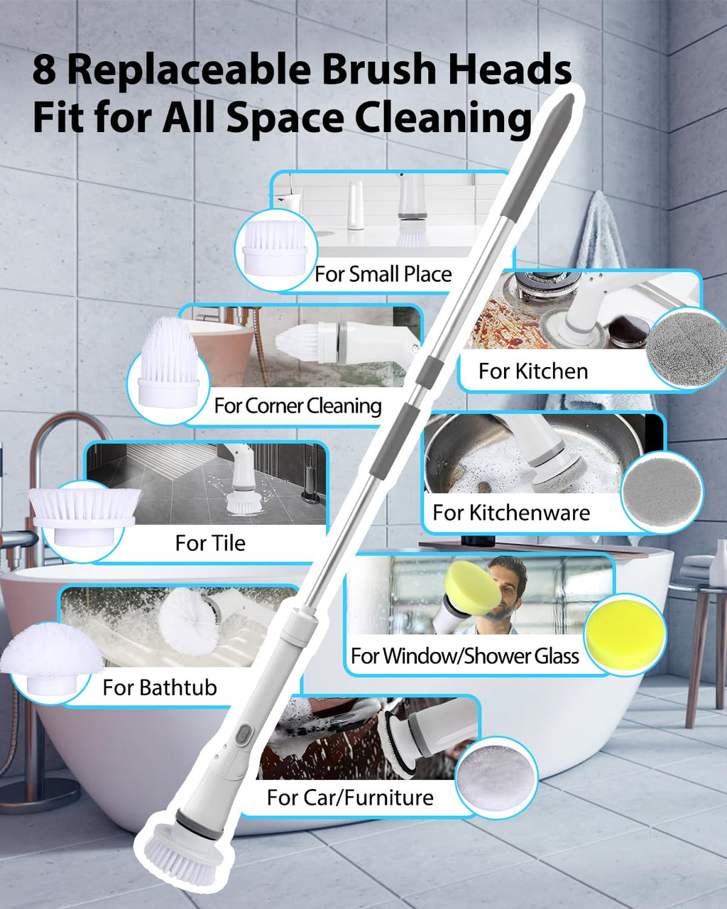 Electric Spin Scrubber,Long Cordless Cleaning Brush,Rotatable Shower Scrubber with 8 Replaceable Heads,Adjustable Detachable Handle Bathroom Scrubber for Bathtub,Tile,Floor and Car Cleaning
