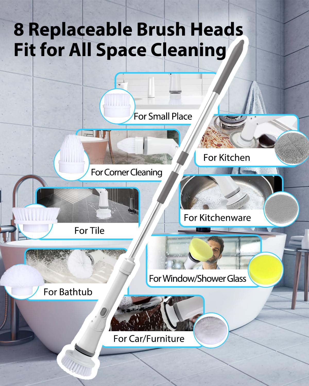 Electric Spin Scrubber,Long Cordless Cleaning Brush,Rotatable Shower Scrubber with 8 Replaceable Heads,Adjustable Detachable Handle Bathroom Scrubber for Bathtub,Tile,Floor and Car Cleaning