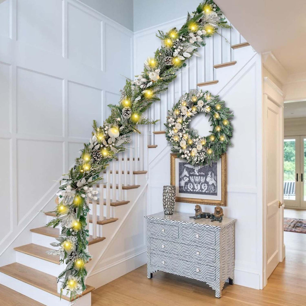 30 Inch Pre-Lit Silver White Christmas Wreaths for Front Door