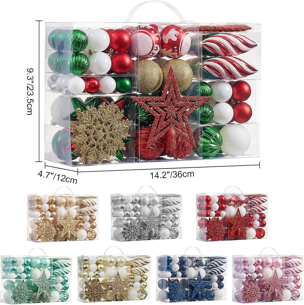 100Ct Christmas Ball Ornaments Set - Assorted Shatterproof Hanging Tree Ornament Set with Reusable Hand-Held Gift Package for Xmas Tree Holiday Party and Home Decor (Green and Red)