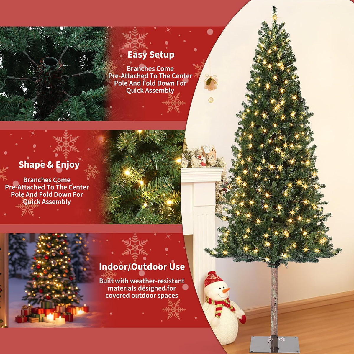 6FT Pre-Lit Pencil Christmas Tree, Artificial Slim Christmas Tree with LED Warm White Lights & Metal Stand,Realistic Xmas Tree Holiday Party Decoration for Indoor and Outdoor Use