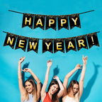 Black Gold Happy New Year Banner for New Year Party Decorations