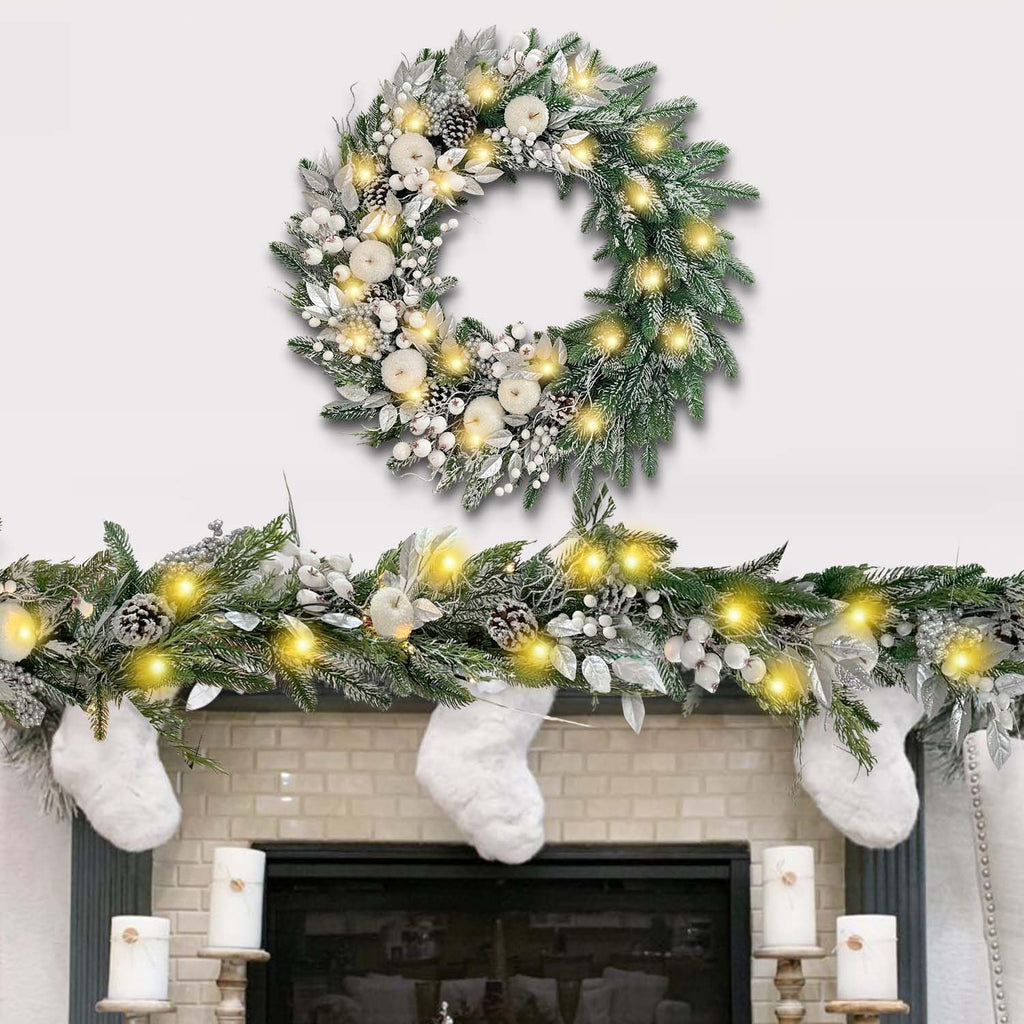 30 Inch Pre-Lit Silver White Christmas Wreaths for Front Door