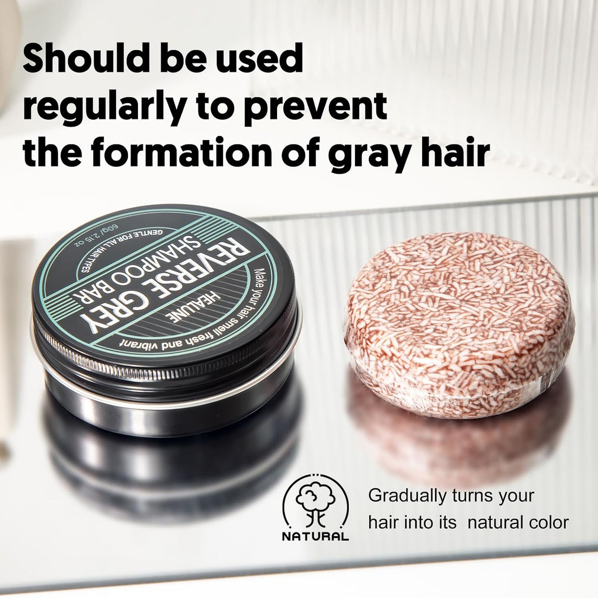 Reverse Grey Hair Shampoo Bar - Gray Hair Coverage, Hair Darkening Compressed Shampoo Bar, White Hair Coverage, Restore Shiny Hair, 2.15 Oz