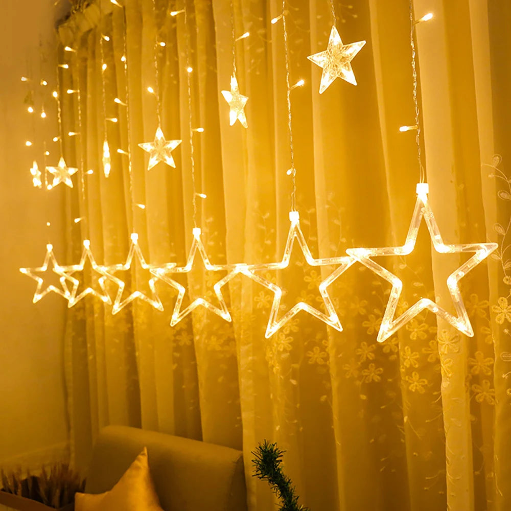 2.5M 138LED Star String Light Waterproof 8Modes Warm White Curtain Lights for Ramadan Party Bedroom Wedding Christmas Decoration
