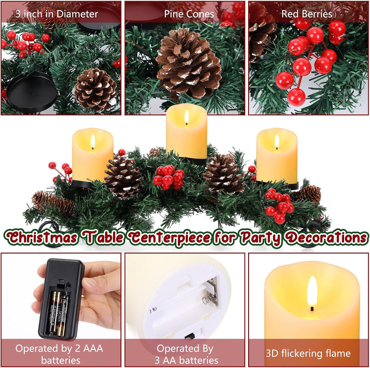 Christmas Centerpiece with Flameless Candles, Table Decor, Creamy White