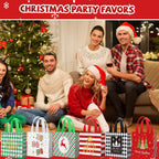 48 Pieces Christmas Gift Bags Bulk Reusable Cute Christmas Tote Bags with Handles Xmas Tree Reindeer Joy Non Woven Holiday Goodie Basket for Xmas Party Favors, 7.8 X 7.8 X 3.5 Inch