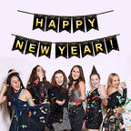 Black Gold Happy New Year Banner for New Year Party Decorations
