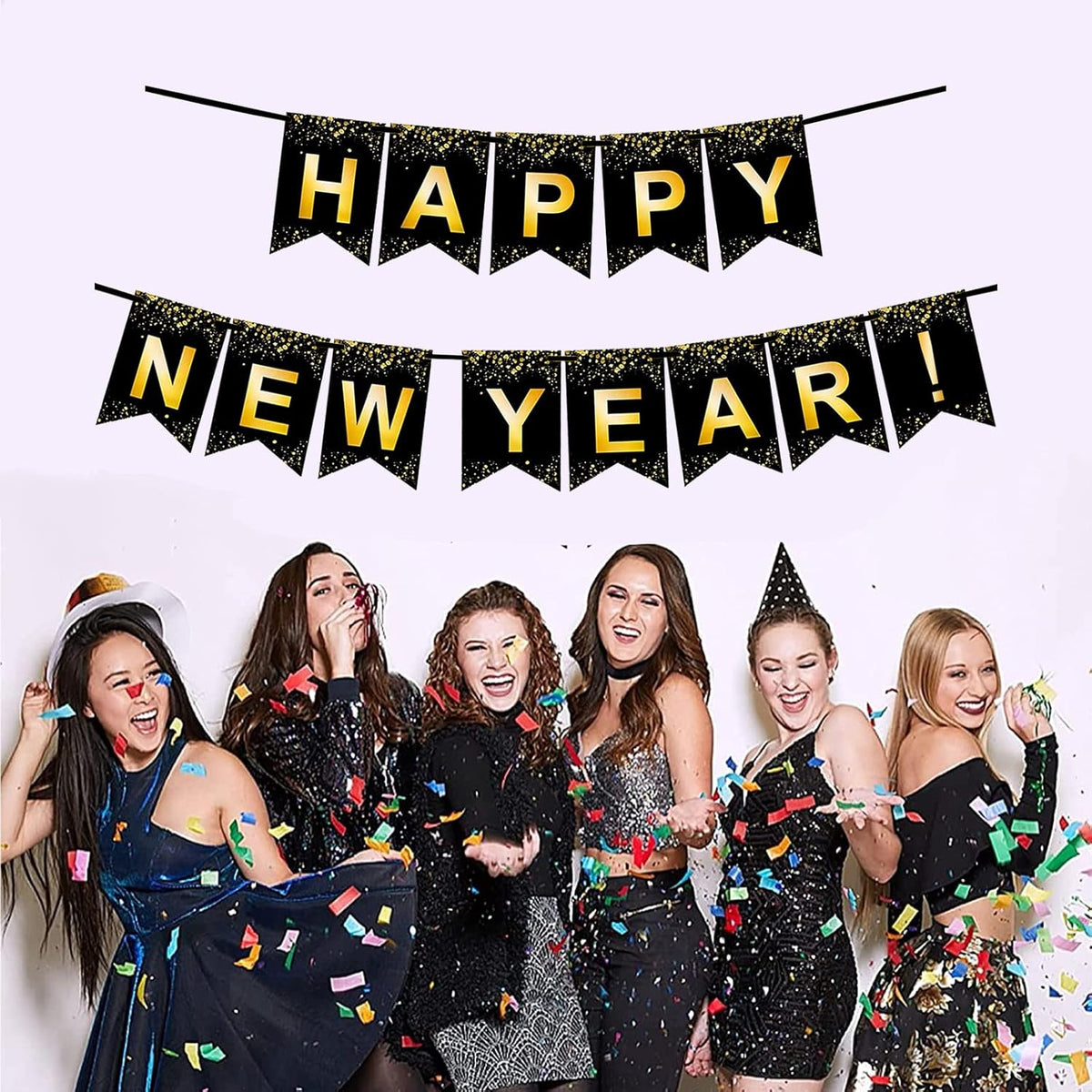 Black Gold Happy New Year Banner for New Year Party Decorations