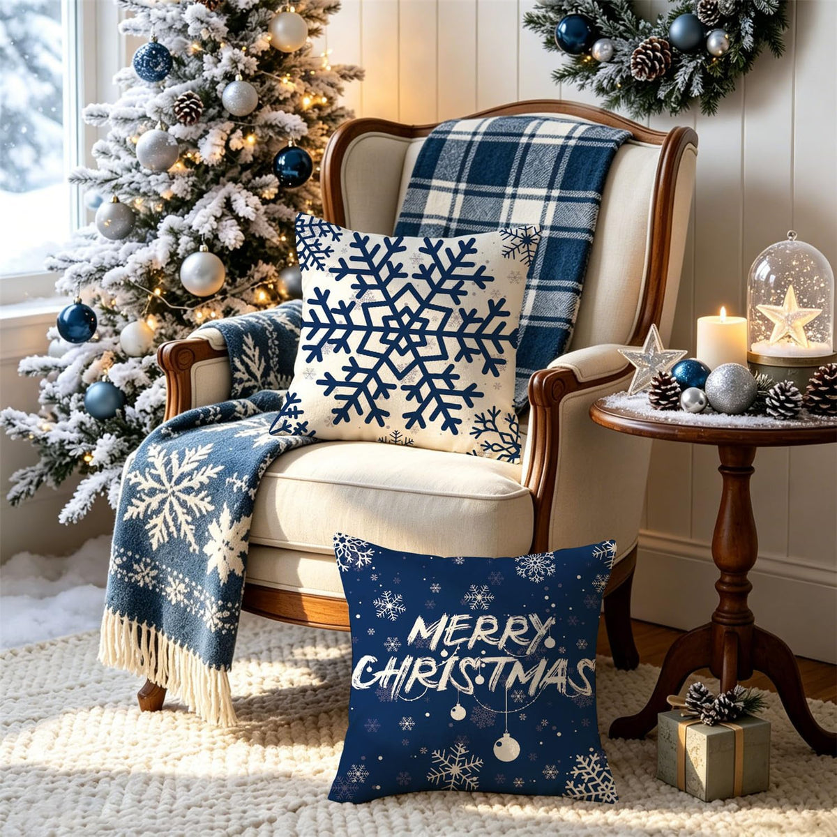 Blue Merry Christmas Snowflake Pillow Covers 16X16 Inch Set of 4