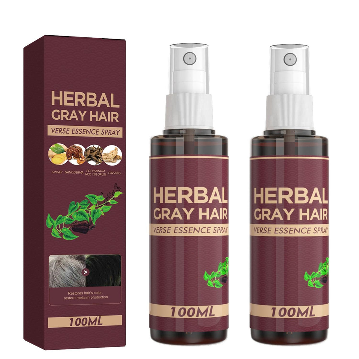 2Pcs Herbal Essence Hair Spray,Gray Hair Verse Essence Spray,Hair Darkening Conditioner,Reverse Grey Hair,Hair Coloring Essence for 4 Weeks Gradual Results(100Ml)