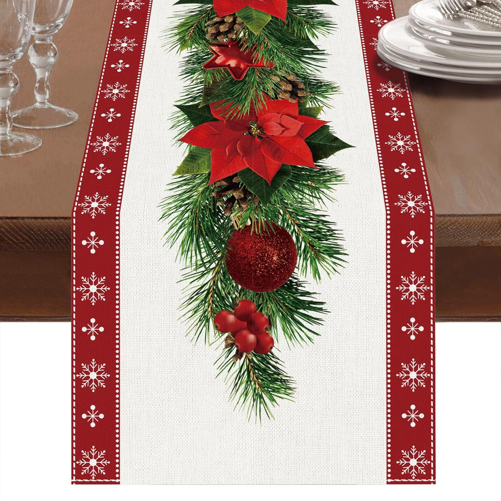 Watercolor Poinsettia Red Christmas Table Runner 13 X 72 Inch