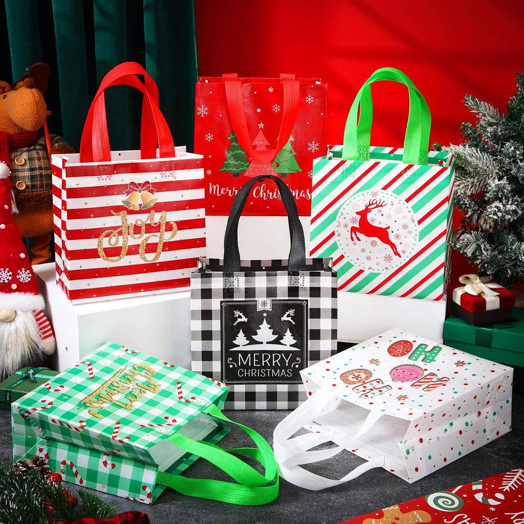 48 Pieces Christmas Gift Bags Bulk Reusable Cute Christmas Tote Bags with Handles Xmas Tree Reindeer Joy Non Woven Holiday Goodie Basket for Xmas Party Favors, 7.8 X 7.8 X 3.5 Inch