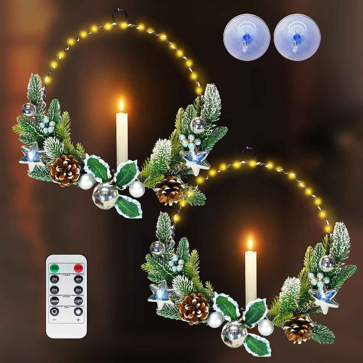 2 Pack Silver Christmas Wreaths with LED Candles