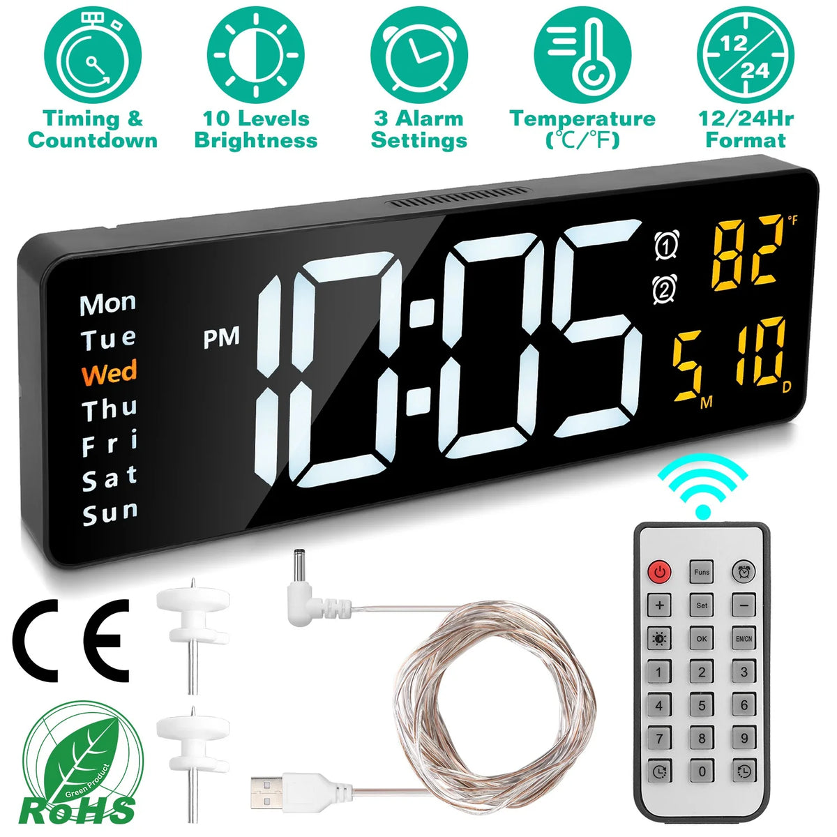 15.7In LED Digital Wall Clock with Remote Control for Home Gadget 10 Level Brightness 3 Alarm Settings 12-24Hr Format Timing Countdown Temperature Calendar Display Decorative Clock for Office Home
