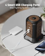 Power Strip Tower, Desktop Charging Station,10 Ft Extension Cord | 1080J Surge Protector, 9 Outlets 4 USB Ports (2 USB C), Flat Plug Power Tower with Multiple Outlets, Home, Office, Dorm,Brown