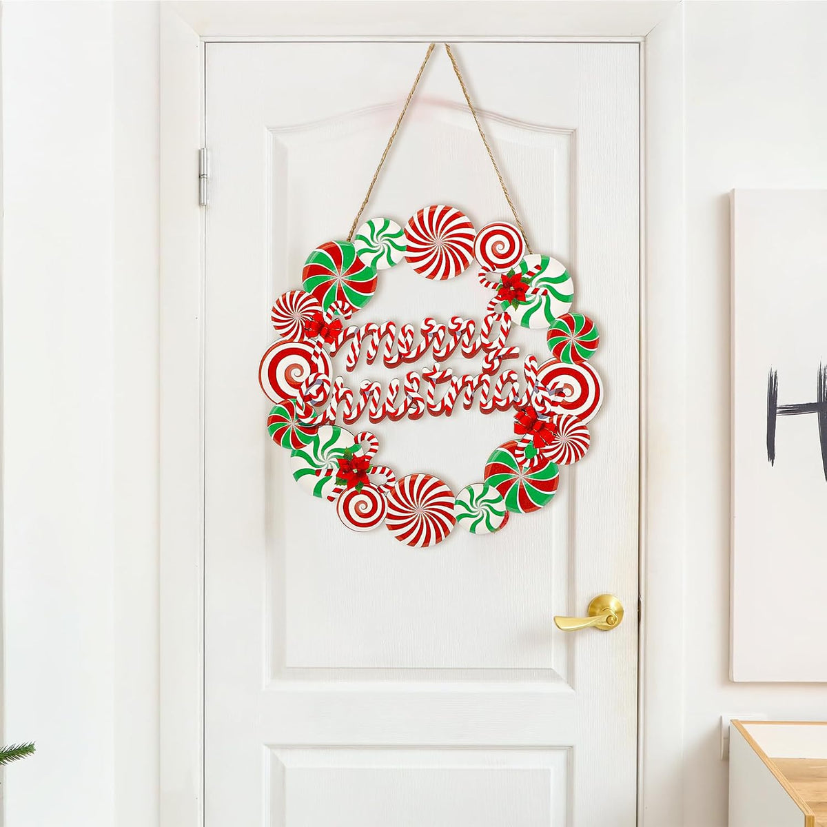 Christmas Wreath Sign for Front Door, Wooden Candy Hanger Decoration
