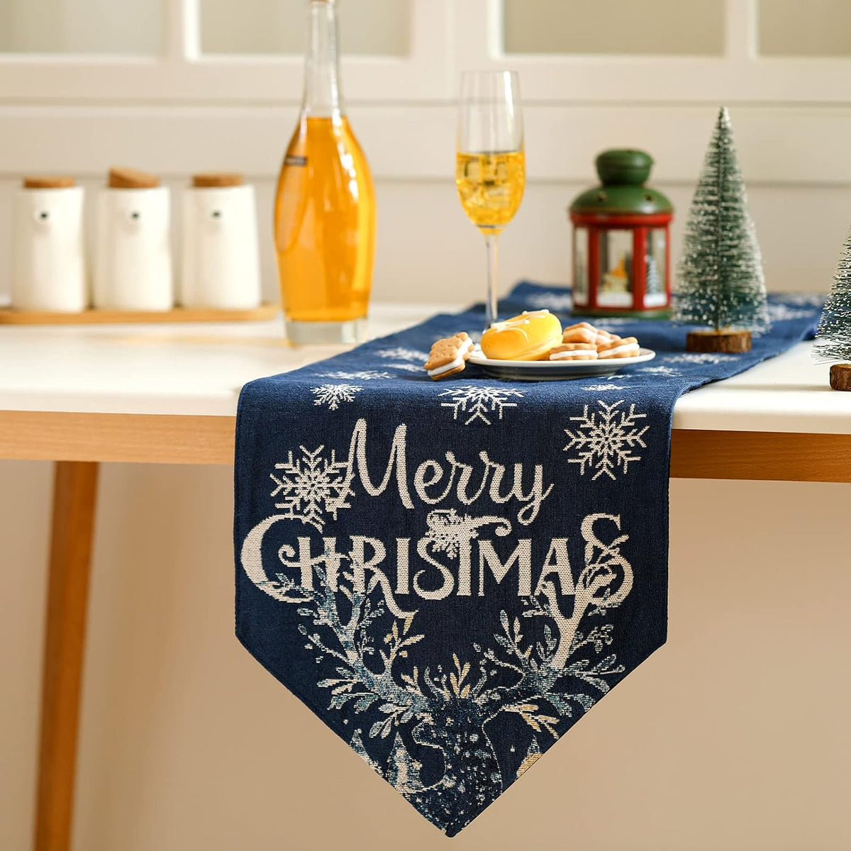 Embroidered Snowflake Xmas Table Runner Elk 13 X 70 In, Navy Blue
