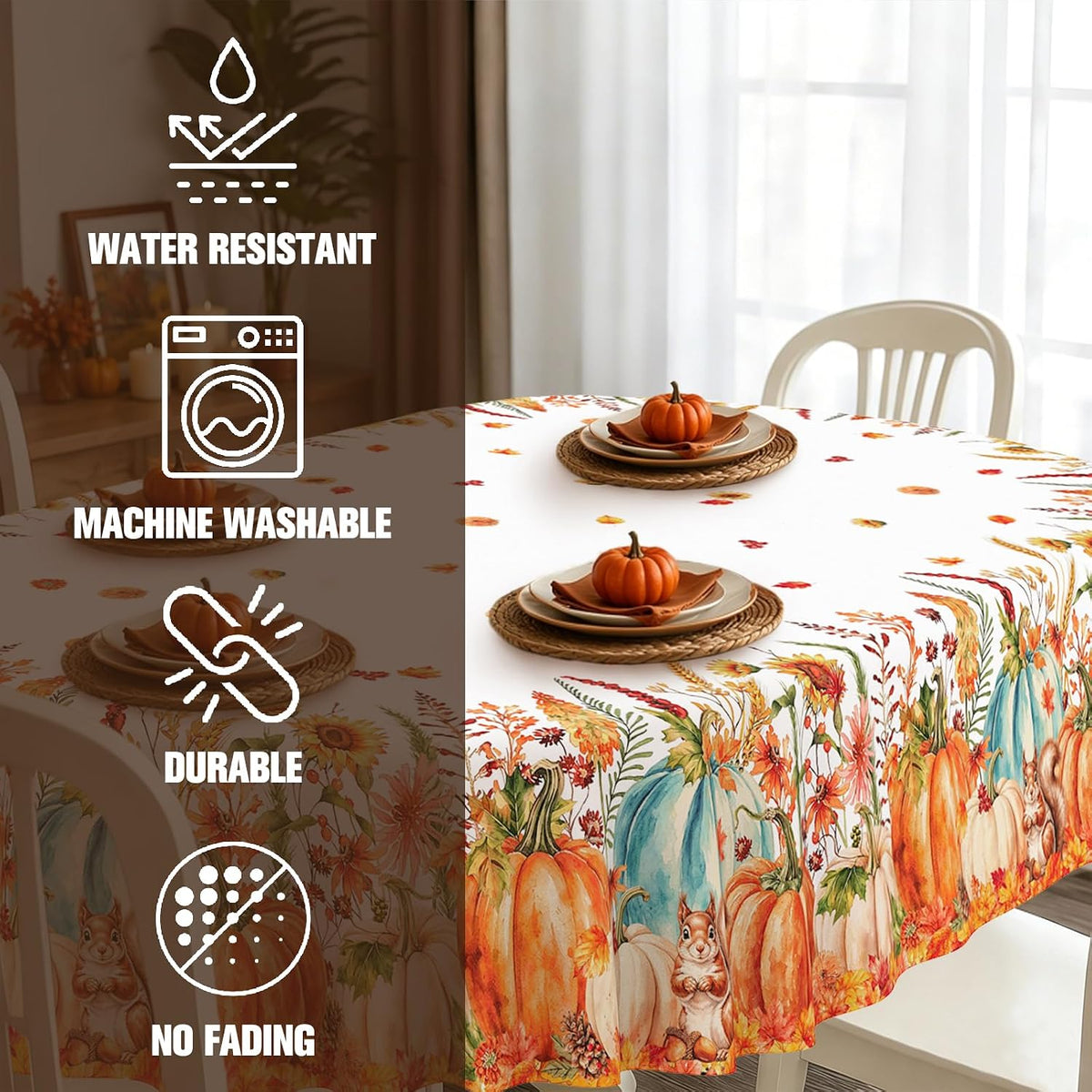 Fall Tablecloth Autumn Pumpkin Squirrel Sunflower Maple Leaves Tablecloths Oval 60X84 Inch Table Cover for Dinning Table Decorations