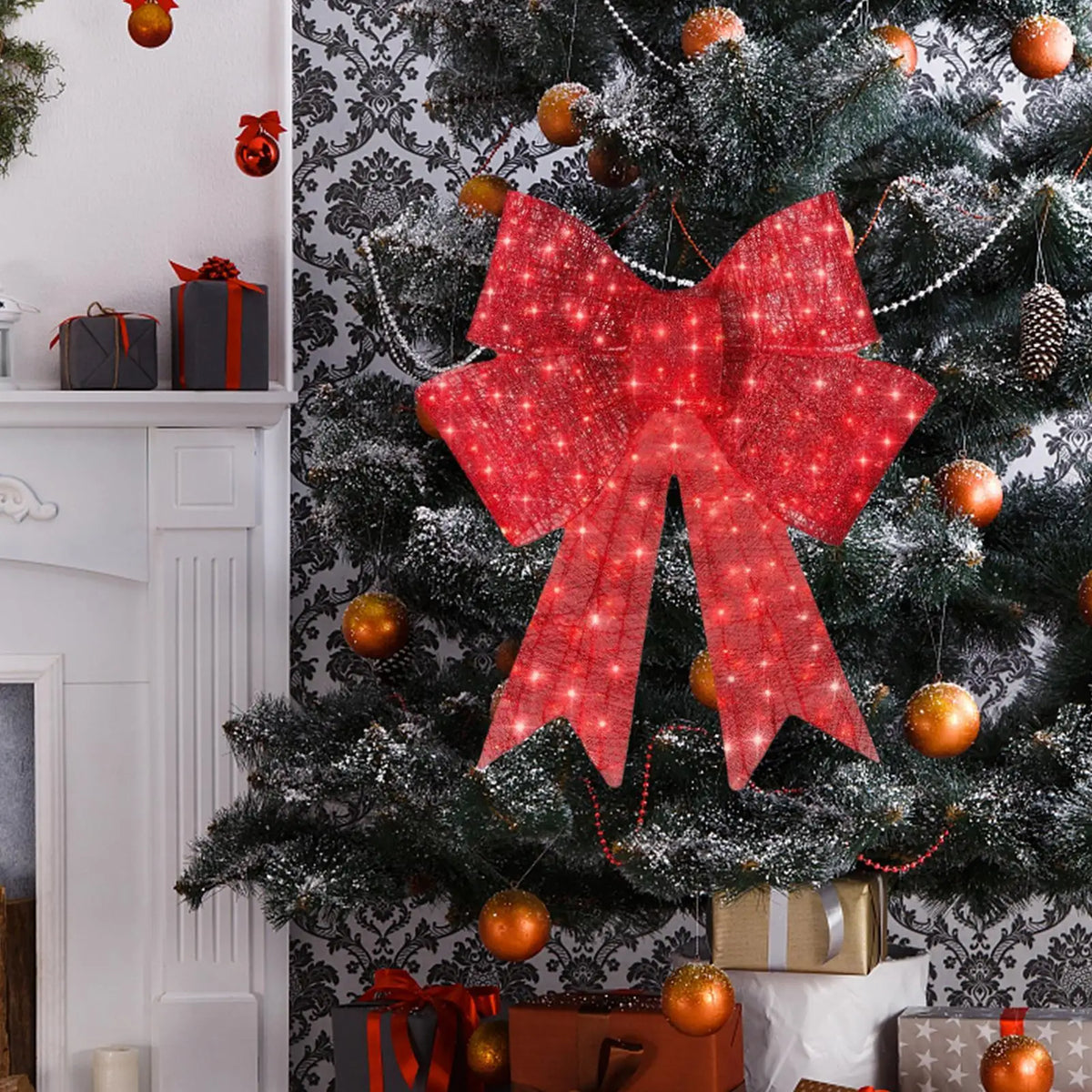 Christmas Wreath Bow 60Cm Lighted Red Ornaments Door Wreath Holiday Garland for Winter Home Porch Christmas Decoration