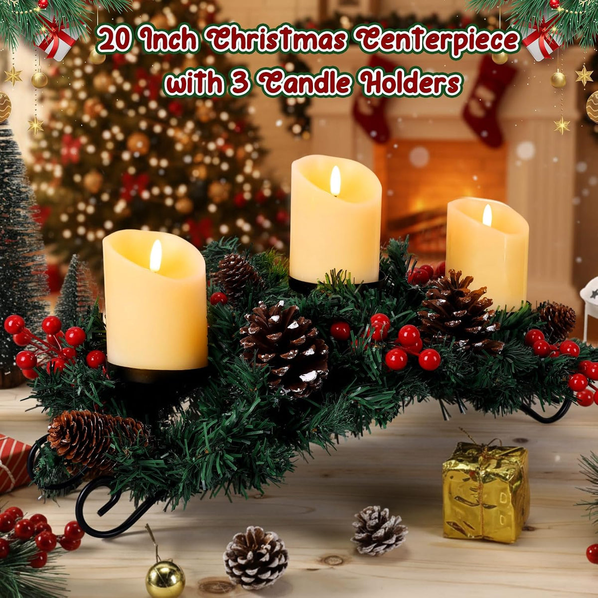 Christmas Centerpiece with Flameless Candles, Table Decor, Creamy White
