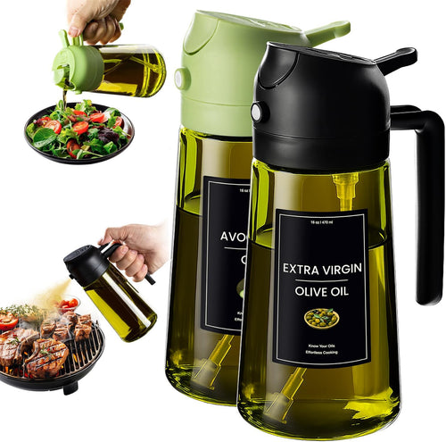 - 16Oz/470Ml Olive Oil Dispenser for Kitchen with Stickers - 2 in 1 Olive Oil Sprayer for Cooking, Air Fryer, and Salad, Black&Green (Light-Proof Kitchen Gadget)