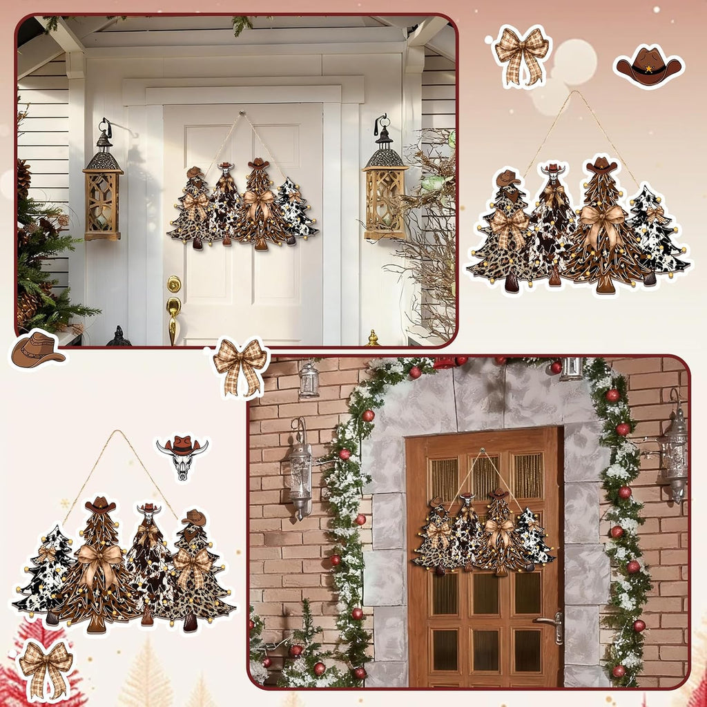 Christmas Door Decorations Western Christmas Wreath for Front Door with Large Bows and Cowboy Hat Wooden Cowboy Xmas Tree Hanging Signs Xmas Sign Indoor for Home Outdoor Porch Window Wall Decor