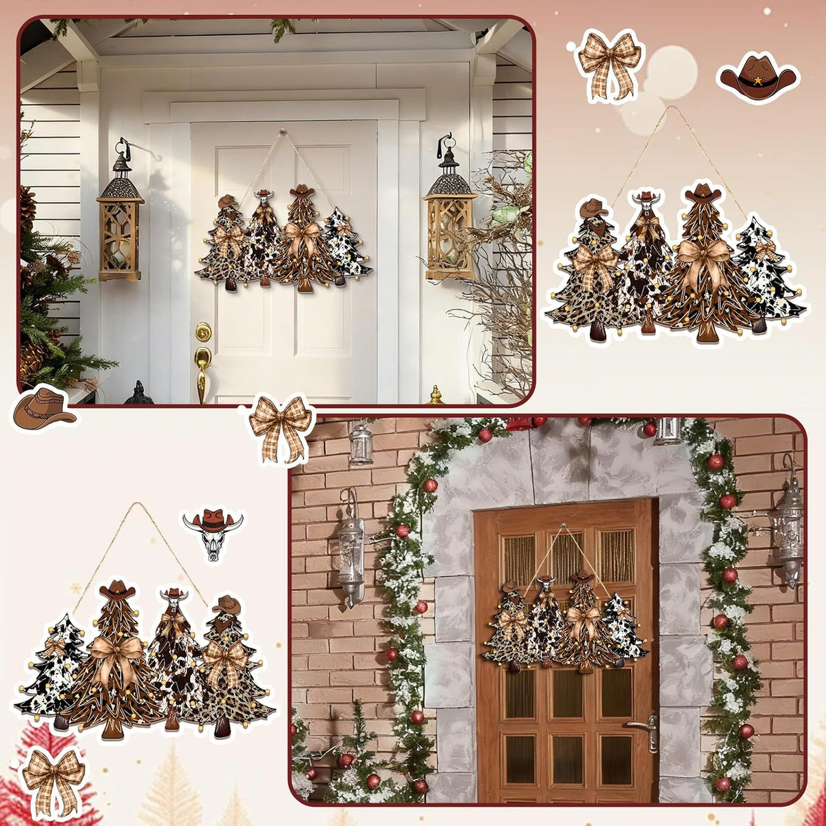 Christmas Door Decorations Western Christmas Wreath for Front Door with Large Bows and Cowboy Hat Wooden Cowboy Xmas Tree Hanging Signs Xmas Sign Indoor for Home Outdoor Porch Window Wall Decor