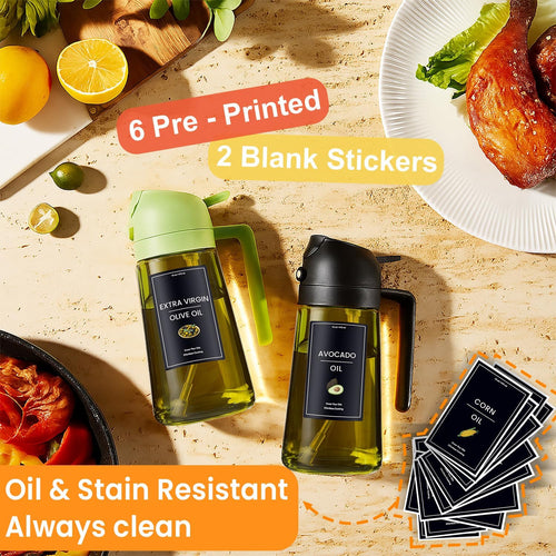 - 16Oz/470Ml Olive Oil Dispenser for Kitchen with Stickers - 2 in 1 Olive Oil Sprayer for Cooking, Air Fryer, and Salad, Black&Green (Light-Proof Kitchen Gadget)