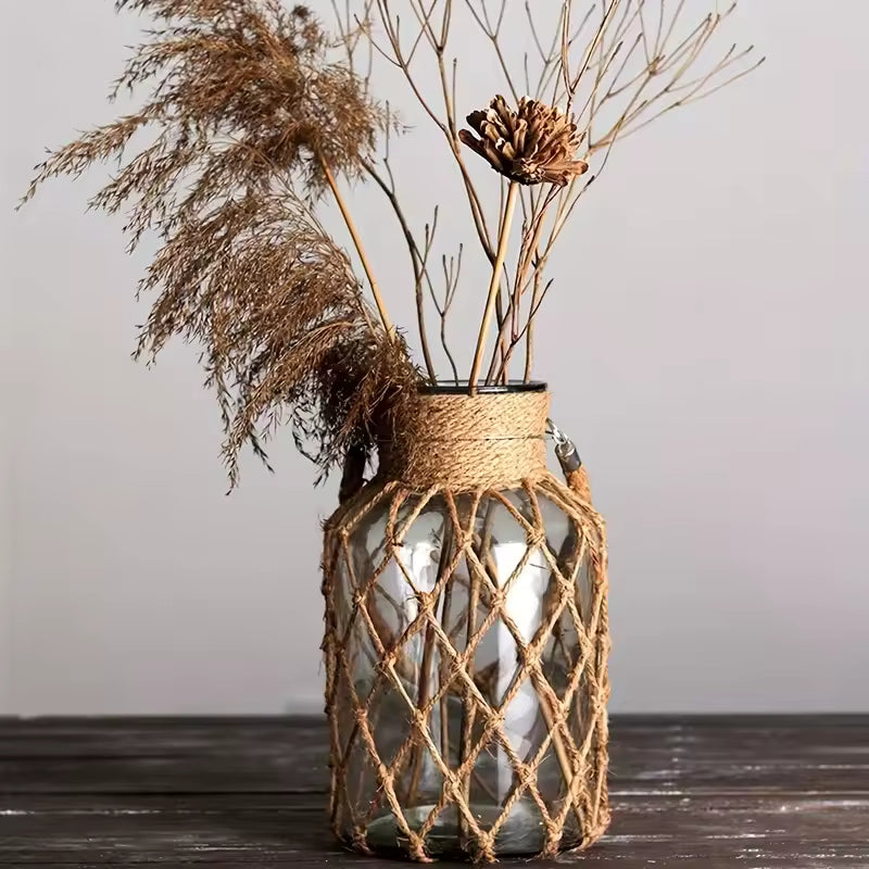 Vintage Bohemian Glass Vase with Handwoven Pocket