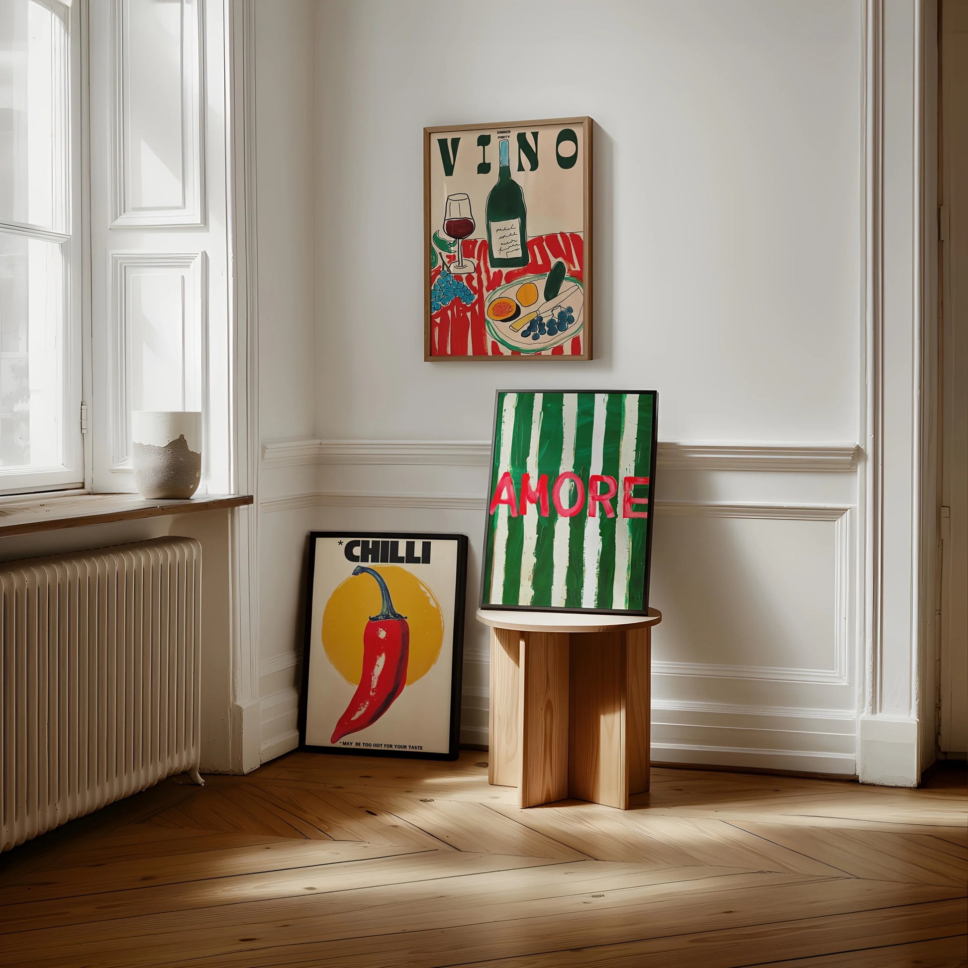 Green Striped Wine Glass Canvas Wall Art