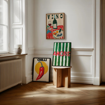 Green Striped Wine Glass Canvas Wall Art