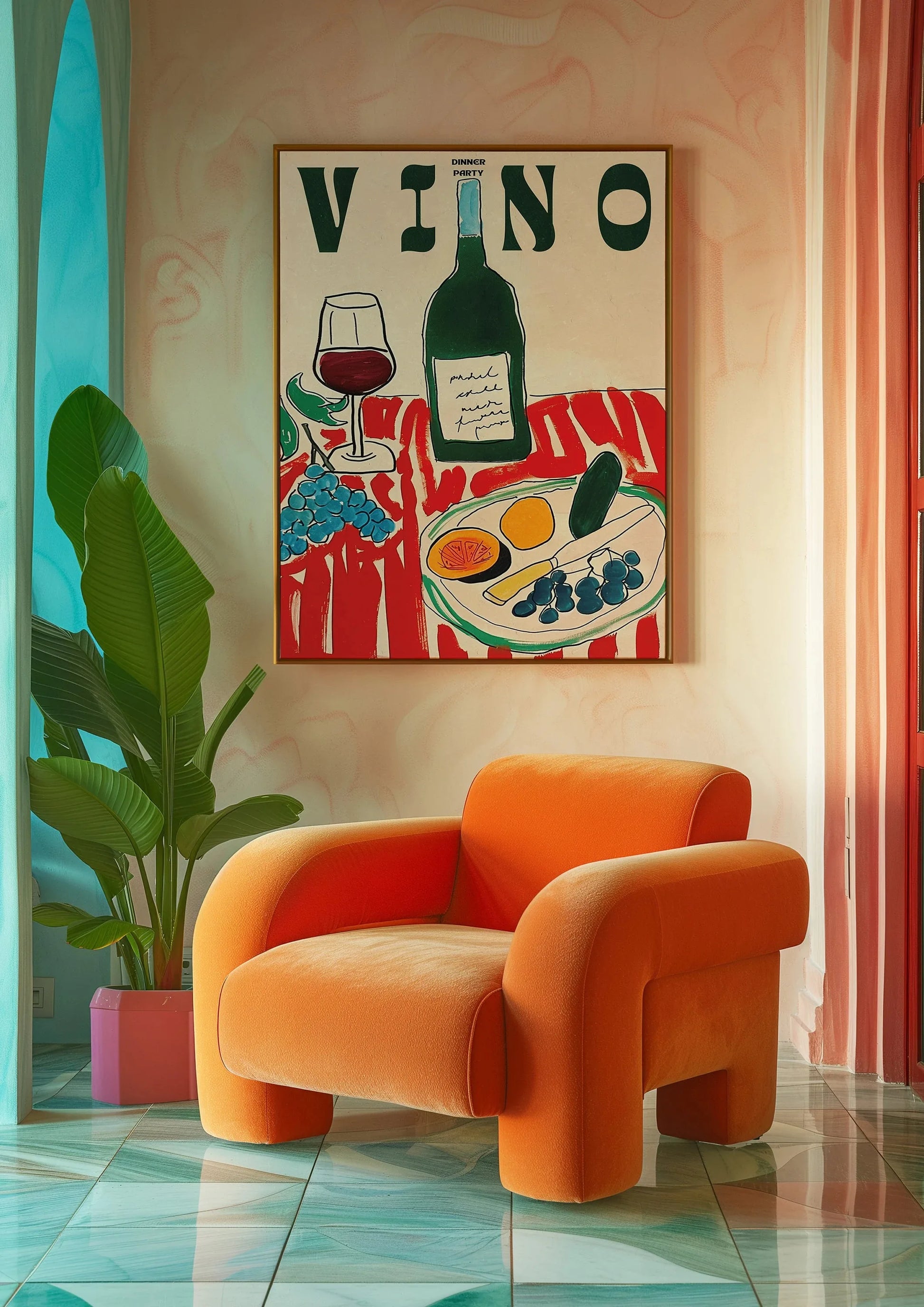 Green Striped Wine Glass Canvas Wall Art