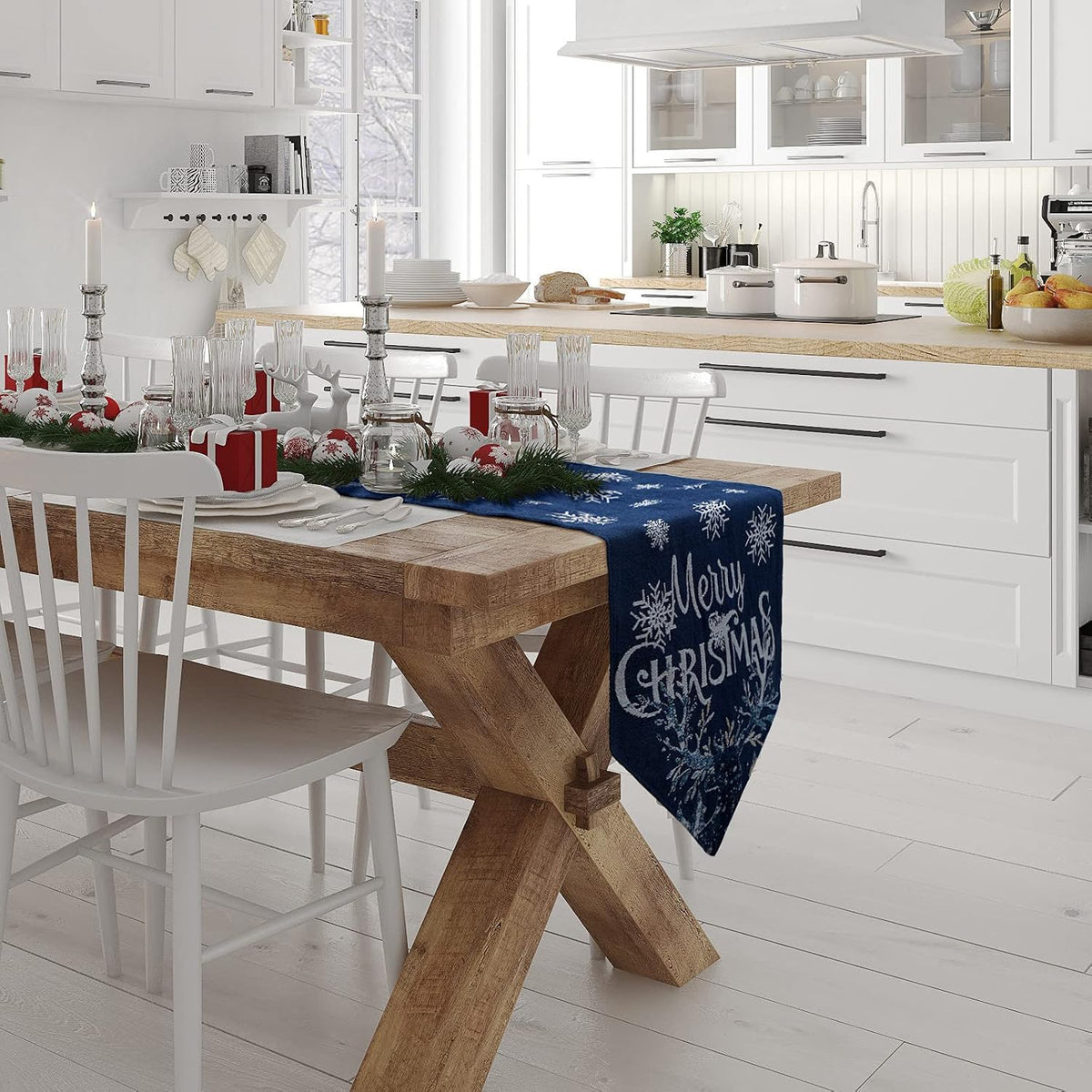 Embroidered Snowflake Xmas Table Runner Elk 13 X 70 In, Navy Blue