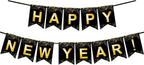 Black Gold Happy New Year Banner for New Year Party Decorations