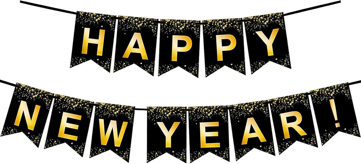 Black Gold Happy New Year Banner for New Year Party Decorations